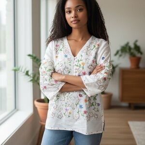 Tien Silk of Vietnam Embroidered White Silk Tunic Size Large Bell Sleeves